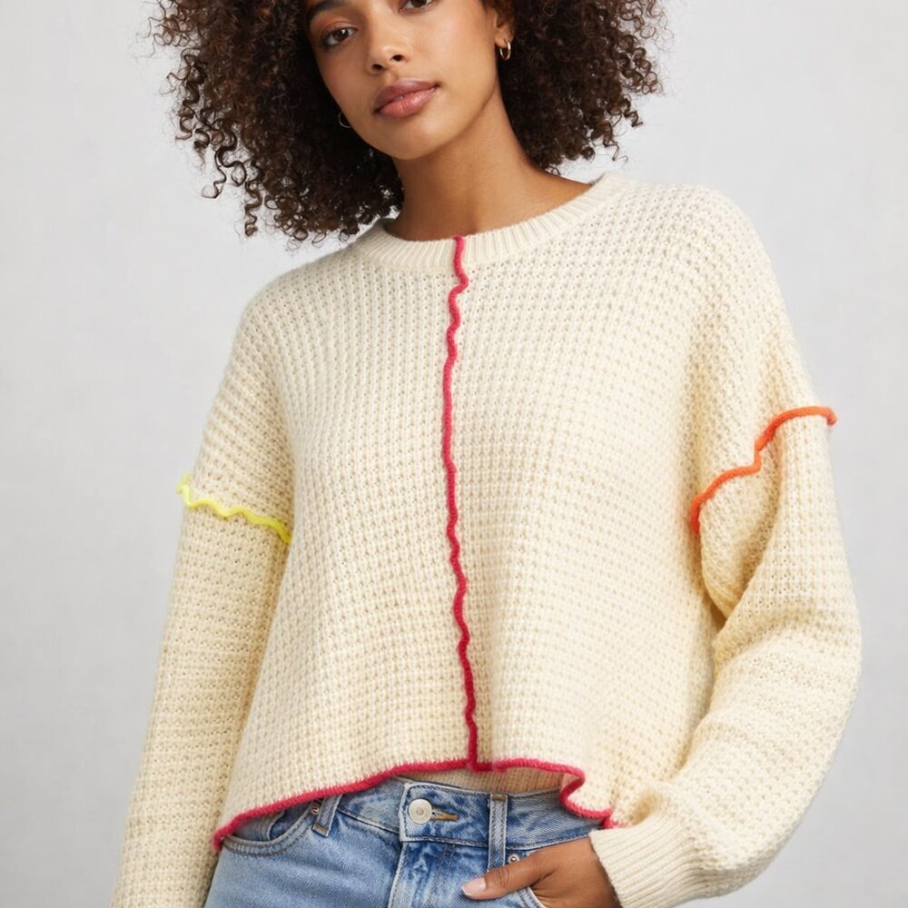 Sunland 17 Waffle Knit Sweater Women‎ Small Ivory Neon Exposed Seam Cropped